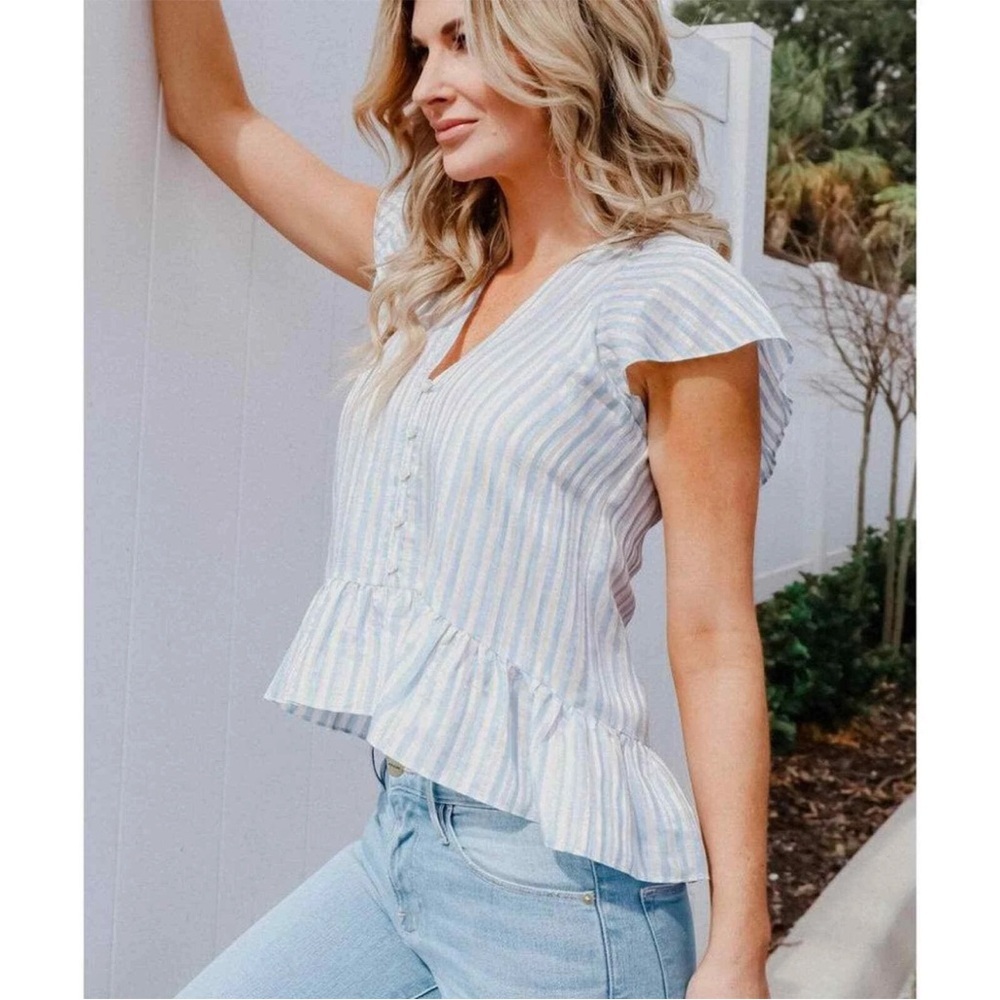 Veronica Beard Maple White Blue Linen Silk Striped Flutter Sleeve Blouse size 0 - Picture 4 of 10